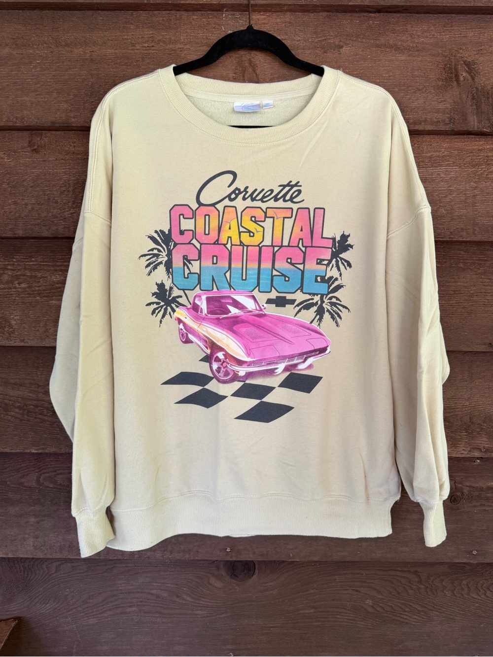 Corvette Coastal Cruise Graphic Oversized Sweatshirt - yellow with Pink Print